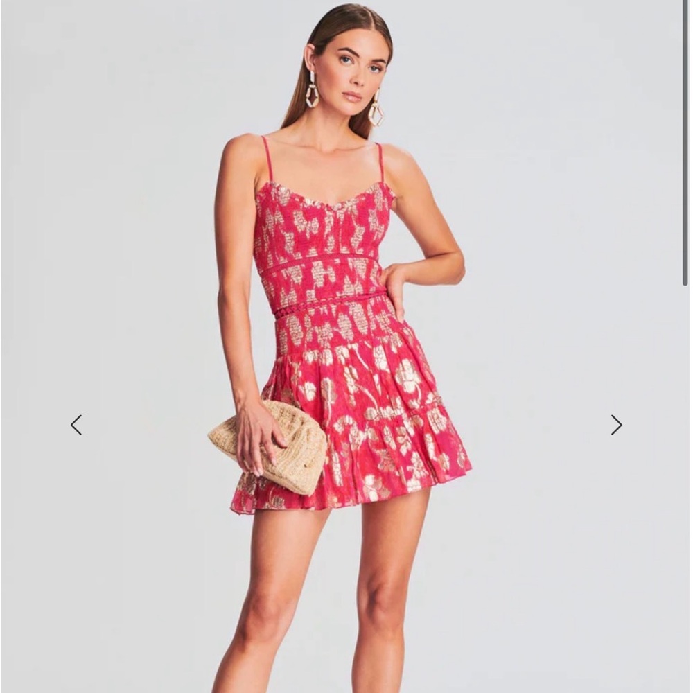 Hemant & Nandita Indu mini dress pink mini dress with gold floral print